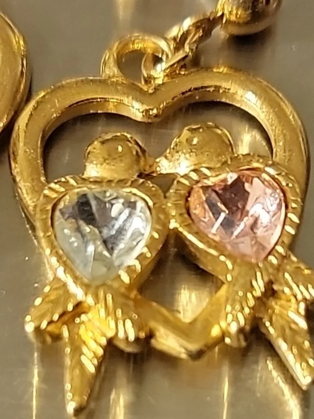 Gold Heart Dangle Earrings with Pink and Clear Stones - Women Jewelry